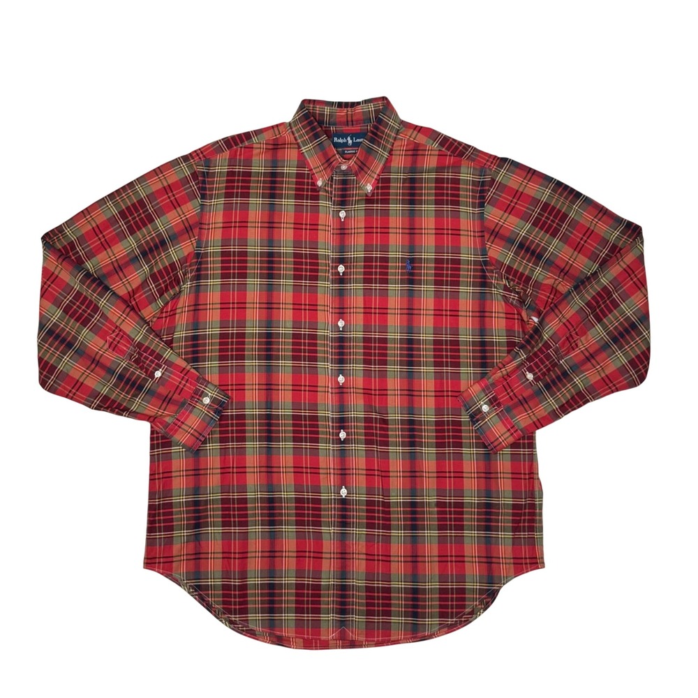 Ralph Lauren Classic Fit‎ Mens Plaid Long Sleeve Button Down Red Green Holidays